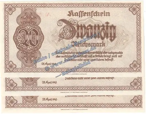 Banknote , 20 Reichsmark -3 x fortl. KN- in kfr. DEU-262, Ros.186, P.187 , 3.Reich 1945 Notausgabe