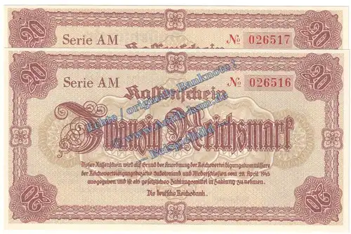 Banknote , 20 Reichsmark -2 x fortl. KN- in kfr. DEU-262, Ros.186, P.187 , 3.Reich 1945 Notausgabe