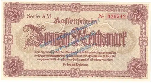 Banknote , 20 Reichsmark Schein in kfr. DEU-262, Ros.186, P.187 , 3.Reich 1945 Notausgabe