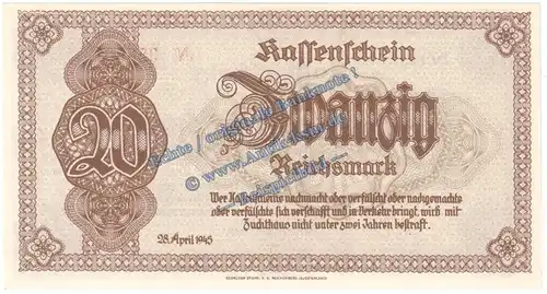 Banknote , 20 Reichsmark Schein in kfr. DEU-262, Ros.186, P.187 , 3.Reich 1945 Notausgabe