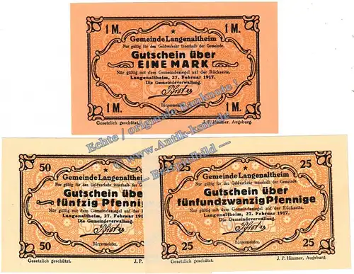 Langenaltheim , Notgeld Set mit 3 Scheinen -Stpl- in kfr. M-G 766.4 , Bayern 1917 Seriennotgeld