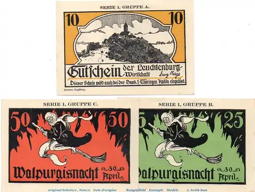 Notgeld Leuchtenburg Wirtschaft Kahla 665.1.a , Set mit 3 Scheinen in kfr. o.D. Thüringen Seriennotgeld