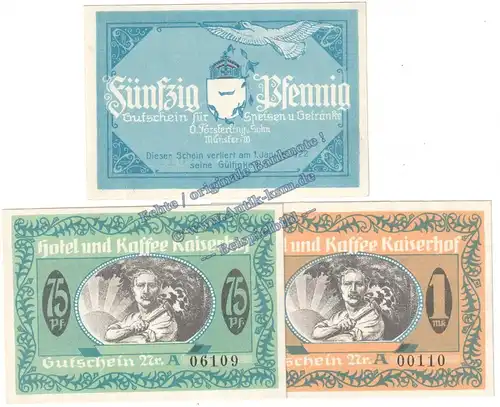 Münster , Notgeld Set mit 3 Scheinen in kfr. M-G 914.2.b , Westfalen o.D. Seriennotgeld