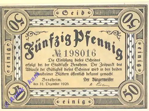 Bensheim , Notgeld 50 Pfennig -Zickzack- in kfr. Tieste 0415.05.10 , Hessen 1920 Verkehrsausgabe