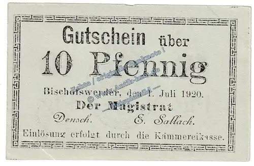 Bischofswerder , Notgeld 10 Pfennig Schein in kfr. Tieste 0685.05.50 , Westpreussen 1920 Verkehrsausgabe