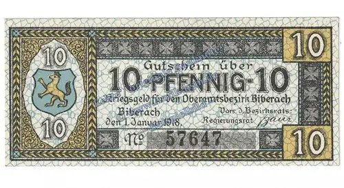 Biberach , Notgeld 10 Pfennig Schein in kfr. Tieste 0600.05.01 , Württemberg 1918 Verkehrsausgabe