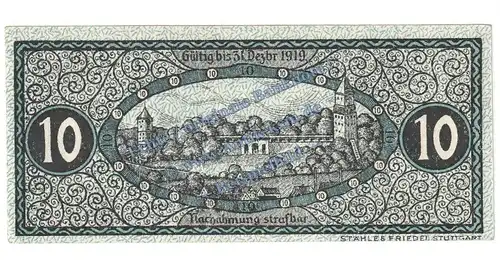 Biberach , Notgeld 10 Pfennig Schein in kfr. Tieste 0600.05.01 , Württemberg 1918 Verkehrsausgabe