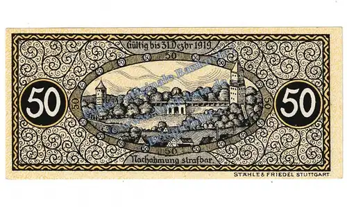 Biberach , Notgeld 50 Pfennig Schein in kfr. Tieste 0600.05.02 Württemberg 1918 Verkehrsausgabe
