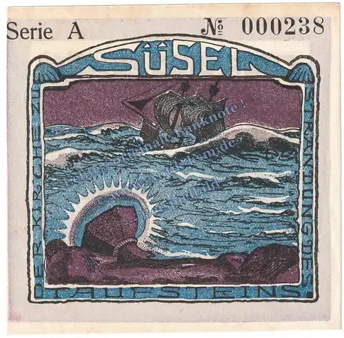 Süsel , Notgeld 100 Pfennig Schein in kfr. M-G 1300.1 , Schleswig Holstein 1921 Seriennotgeld