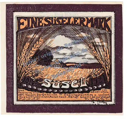 Süsel , Notgeld 100 Pfennig Schein in kfr. M-G 1300.1 , Schleswig Holstein 1921 Seriennotgeld