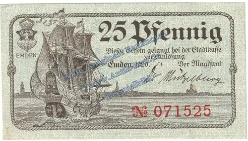 Emden , Notgeld 25 Pfennig Schein in kfr. Tieste 1695.15.15 , Niedersachsen 1920 Verkehrsausgabe