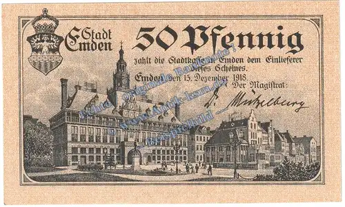 Emden , Notgeld 50 Pfennig Schein in kfr. Tieste 1695.15.10 , Niedersachsen 1918 Verkehrsausgabe