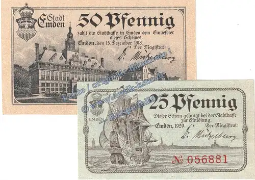 Emden , Notgeld Set mit 2 Scheinen in kfr. Tieste 1695.15.10-15 , Niedersachsen 1918-20 Verkehrsausgabe