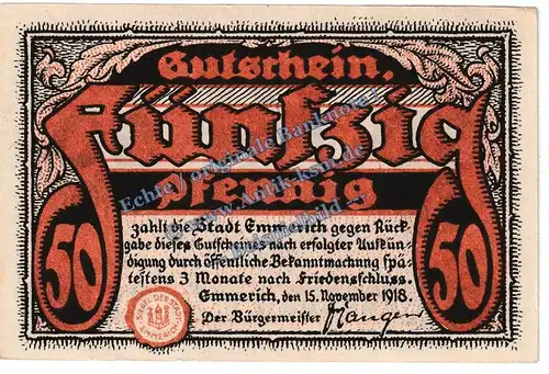 Emmrich , Notgeld 50 Pfennig -Kn 5,5 mm- in kfr. Tieste 1710.05.01 , Rheinland 1918 Verkehrsausgabe