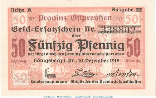 Notgeld Königsberg , 50 Pfennig Schein in kfr. Tieste 3595.20.35 von 1918 , Ostpreussen Verkehrsausgabe
