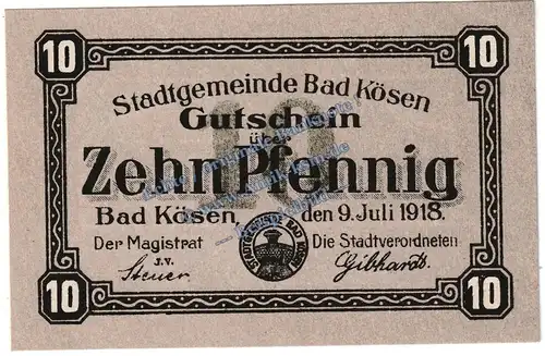 Bad Kösen , Notgeld 10 Pfennig Schein in kfr. Tieste 3635.05.05 , Sachsen 1918 Verkehrsausgabe