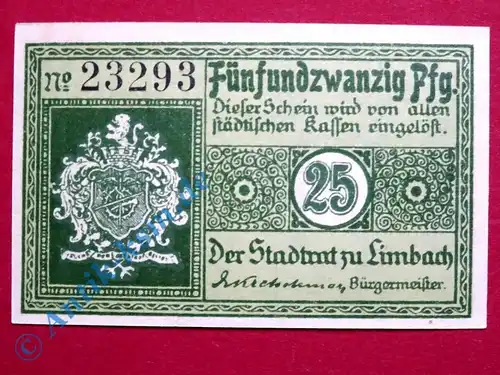 Notgeld Limbach , Einzelschein über 25 Pfennig , Tieste 4095.11 , Sachsen Verkehrsausgabe