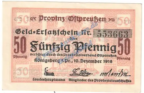 Königsberg , Notgeld 50 Pfennig Schein in kfr. Tieste 3595.20.01 , Ostpreussen 1918 Verkehrsausgabe