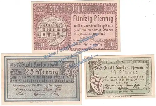 Körlin , Notgeld Set mit 3 Scheinen in kfr. Tieste 3630.05.01-03 , Pommern 1920 Verkehrsausgabe