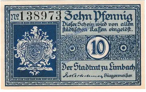 Limbach , Notgeld 10 Pfennig Schein in kfr. Tieste 3630.10.10 , Sachsen o.D. Verkehrsausgabe