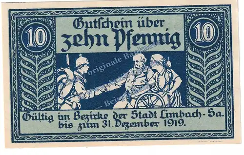 Limbach , Notgeld 10 Pfennig Schein in kfr. Tieste 3630.10.10 , Sachsen o.D. Verkehrsausgabe