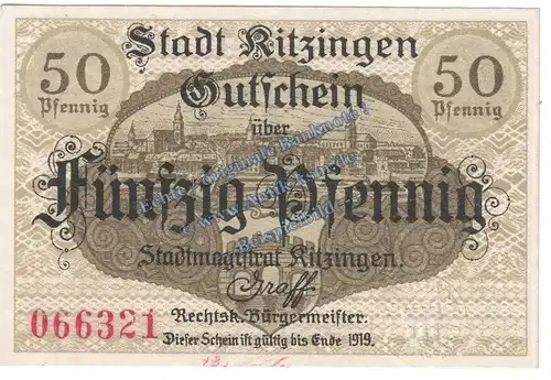 Kitzingen , Notgeld 50 Pfennig -grün rosa- in kfr. Tieste 3510.05.30 , Bayern 1918 Verkehrsausgabe