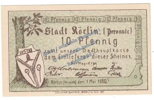 Körlin , Notgeld 10 Pfennig Schein in kfr. Tieste 3630.05.01 , Pommern 1920 Verkehrsausgabe