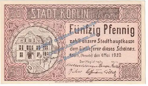 Körlin , Notgeld 50 Pfennig Schein in kfr. Tieste 3630.05.03 , Pommern 1920 Verkehrsausgabe