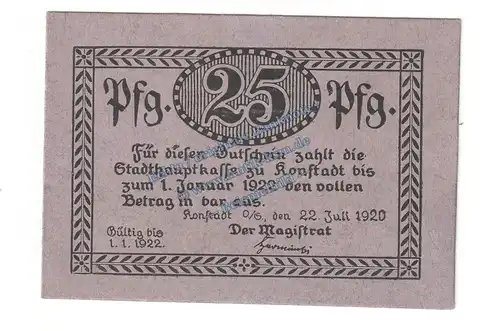 Konstadt , Notgeld 25 Pfennig Scheine in kfr. Tieste 3665.05.36 , Schlesien 1920 Verkehrsausgabe