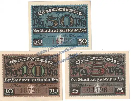 Kahla , Notgeld Set mit 3 Scheinen in kfr. Tieste 3325.05.35-37 , Thüringen 1920 Verkehrsausgabe