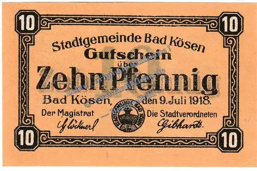 Bad Kösen , Notgeld 10 Pfennig Schein in kfr. Tieste 3635.05.01 , Sachsen 1918 Verkehrsausgabe