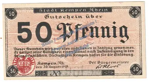 Kempen , Notgeld 50 Pfennig Schein in kfr. Tieste 3460.05.10 , Rheinland 1918 Verkehrsausgabe