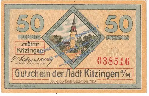 Kitzingen , Notgeld 50 Pfennig -Büttenpapier- in kfr. Tieste 3510.05.90 , Bayern 1920 Verkehrsausgabe