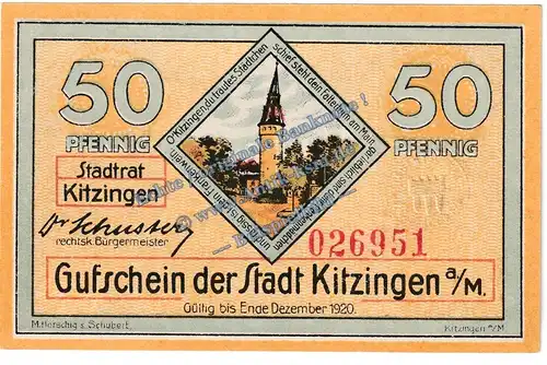 Kitzingen , Notgeld 50 Pfennig Schein in kfr. Tieste 3510.05.80 , Bayern 1920 Verkehrsausgabe