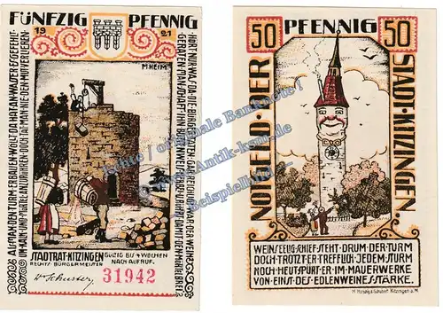 Kitzingen , Notgeld 50 Pfennig Schein in kfr. Tieste 3510.05.92 , Bayern 1921 Verkehrsausgabe