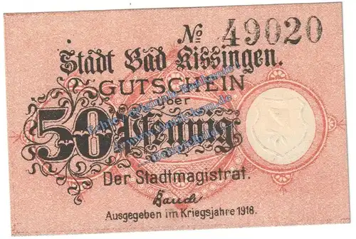 Bad Kissingen , Notgeld 50 Pfennig Schein in kfr. Tieste 3505.05.10 , Bayern 1918 Verkehrsausgabe