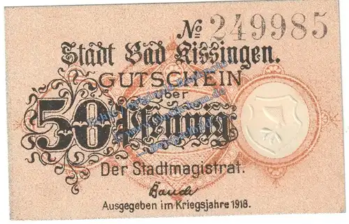 Bad Kissingen , Notgeld 50 Pfennig Schein in kfr. Tieste 3505.05.15 , Bayern 1918 Verkehrsausgabe