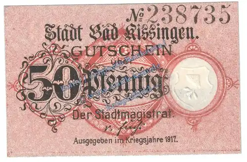 Bad Kissingen , Notgeld 50 Pfennig Schein in kfr. Tieste 3505.05.05 , Bayern 1917 Verkehrsausgabe