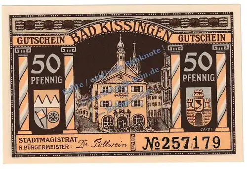 Bad Kissingen , Notgeld 50 Pfennig Schein in kfr. Tieste 3505.05.25 , Bayern 1919 Verkehrsausgabe