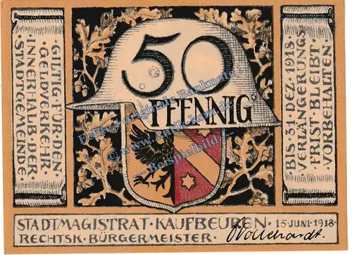 Kaufbeuren , Notgeld 50 Pfennig Schein in kfr. Tieste 3415.05.15 , Bayern 1918 Verkehrsausgabe