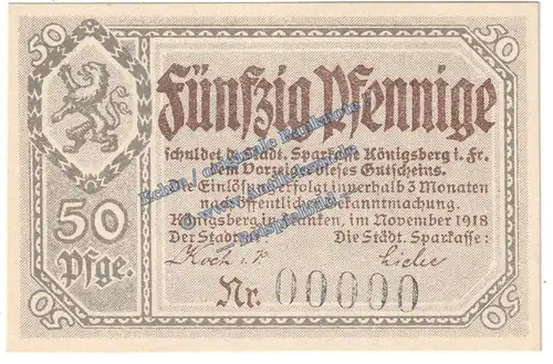 Königsberg Fr , Notgeld 50 Pfennig Schein in kfr. Tieste 3585.05.10.M2 , Sachsen 1918 Verkehrsausgabe