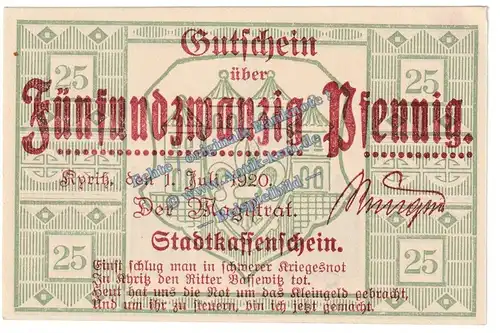 Kyritz , Notgeld 25 Pfennig Schein in kfr. Tieste 3785.05.05 , Brandenburg 1920 Verkehrsausgabe