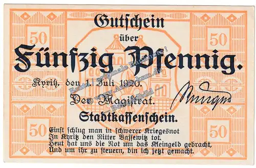 Kyritz , Notgeld 50 Pfennig Schein in kfr. Tieste 3785.05.06 , Brandenburg 1920 Verkehrsausgabe