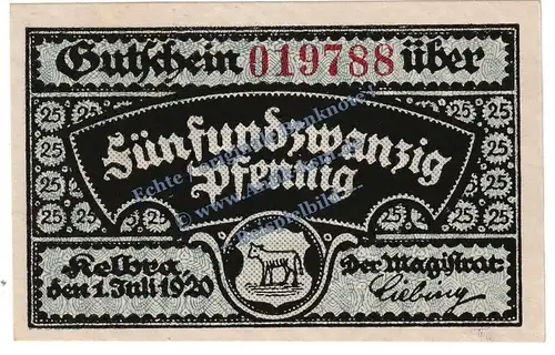 Kelbra , Notgeld 25 Pfennig Schein in kfr. Tieste 3440.05.01 , Sachsen 1920 Verkehrsausgabe