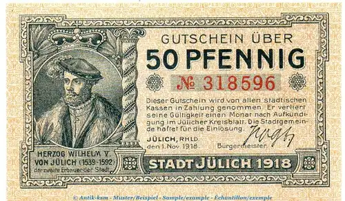 Notgeld Stadt Jülich 3295.05.15 , 50 Pfennig Schein in kfr. von 1918 , Rheinland Verkehrsausgabe