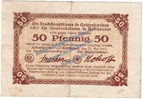 Gelsenkirchen , Notgeld 50 Pfennig Schein in gbr. Tieste 2165.05.10 , Rhl.- Nrw. 1917 Verkehrsausgabe
