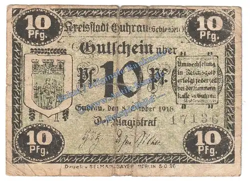 Guhrau , Notgeld 10 Pfennig Schein in gbr. Tieste 2660.10.10 , Schlesien 1918 Verkehrsausgabe