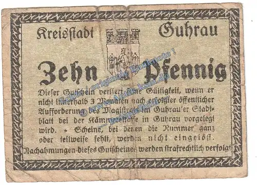 Guhrau , Notgeld 10 Pfennig Schein in gbr. Tieste 2660.10.10 , Schlesien 1918 Verkehrsausgabe