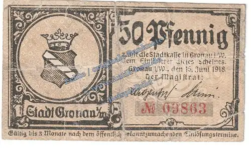 Gronau , Notgeld 50 Pfennig Schein in gbr. Tieste 2495.05.01 , Westfalen 1918 Verkehrsausgabe
