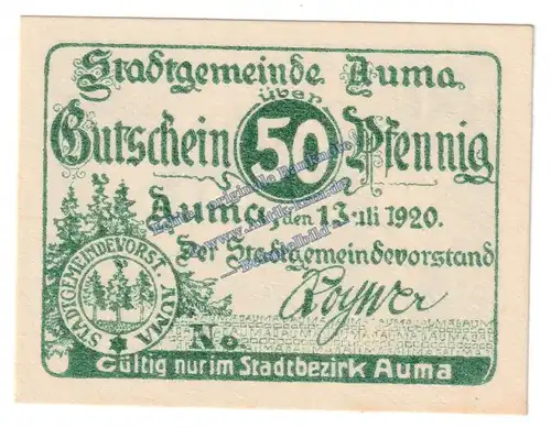 Auma , Notgeld 50 Pfennig Scheine -Wz- in kfr. Tieste 0265.05.20 , Sachsen 1920 Verkehrsausgabe